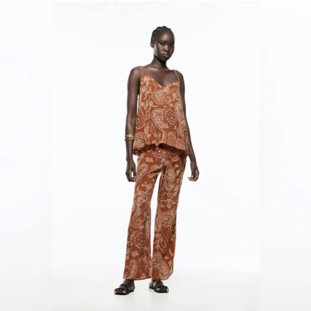 Zara Brown Paisley Camisole and Pants Matching Set - Russet, Size M